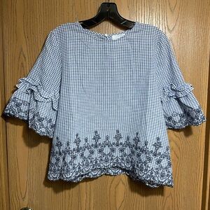 J.O.A. Blue Gingham Blouse with Embroidery